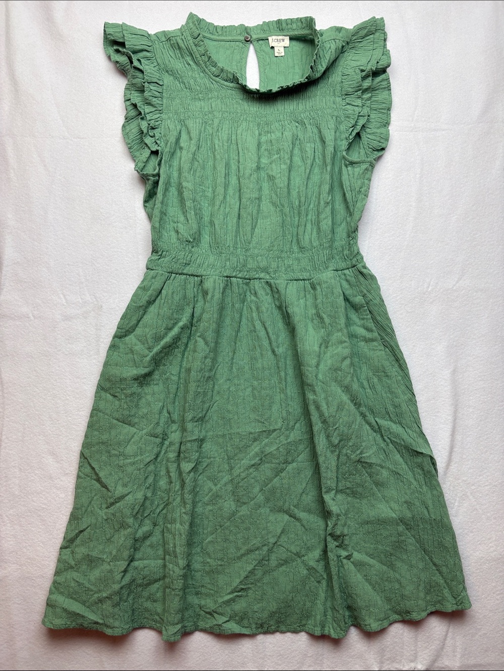 J. Crew size large Green Ruffle Sleeve Casual Dress knee length olive guest